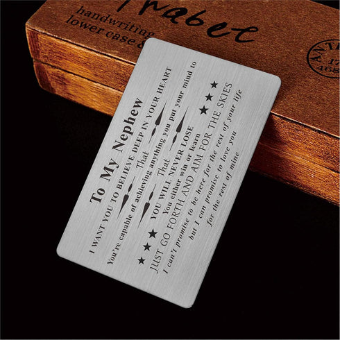 FALOGIJE Nephew Birthday Card Gifts from Aunt Uncle, Permanent Engraved Wallet Cards for Graduation Christmas Gifts