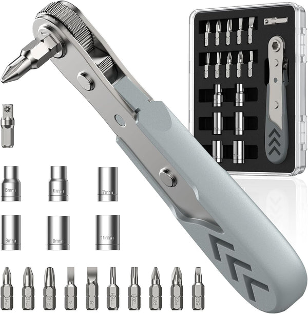 17in1 Right Angle Ratcheting Screwdriver Set, 36-Tooth Mini Ratchet Wrench, Men Gifts, Magnetic Offset Repair Tool