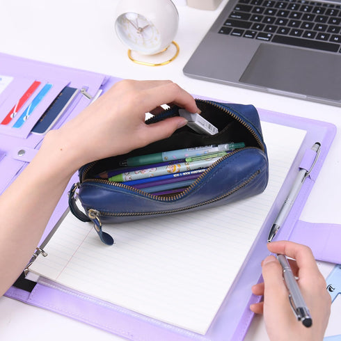 WONDERPOOL Pen Case Real Leather Pencil Pouch Markers Holder Big Capacity Bag with Side Zippered Pocket for Stationery