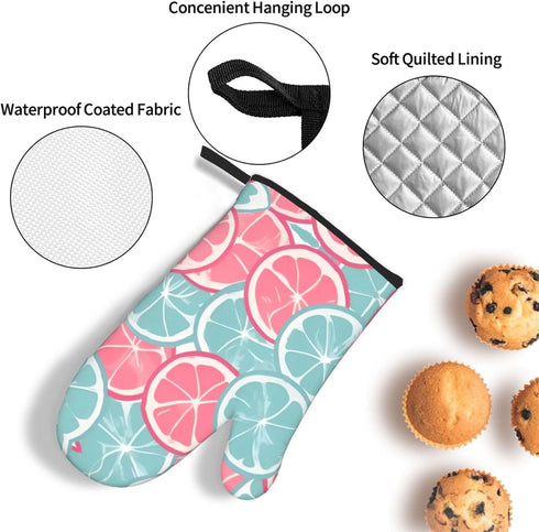KUZEOLON Pink Blue Citrus Slices Two Heat-Resistant Gloves + one Pot lid mat, Suitable for Kitchen Grilling.