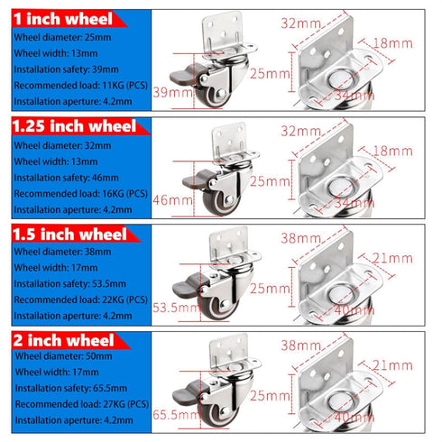 ESXSWYDR 4PCS 1/1.25/1.5/2 inch 4PCS(B,1 inch) Furniture Casters Crib Rubber Wheel L Type Swivel Mute Brake Caster