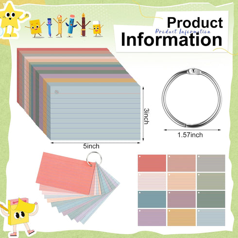 Tosstuki 12 Pack 3 5 Inch 1800 Count Colored Index Cards with Key Ring x Portable Flash Cards College Ruled Lined