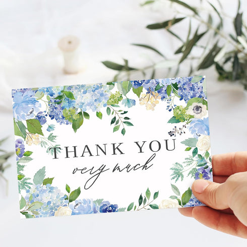 50 Pack Summer Whaline Hydrangea Thank You Cards Bulk Boxed Greeting Card Spring Blue Purple Floral Blank Note Cards