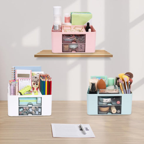 Pink Plastic Pen Organizer, Multifunctional Desktop Organizer with 2 Drawers and 4 Compartments