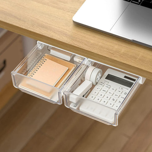 OSPNIEEK Self-adhesive Under Desk Drawer Organizer - 2 Pack Large Storage Mounted Desktop Pencil Holder Tray