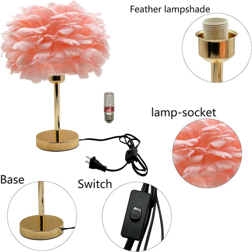 3 Pink Feather Table Lamp with Gold Finish - Color Changing LED Bedside Desk Lamp, Modern Romantic Night Light