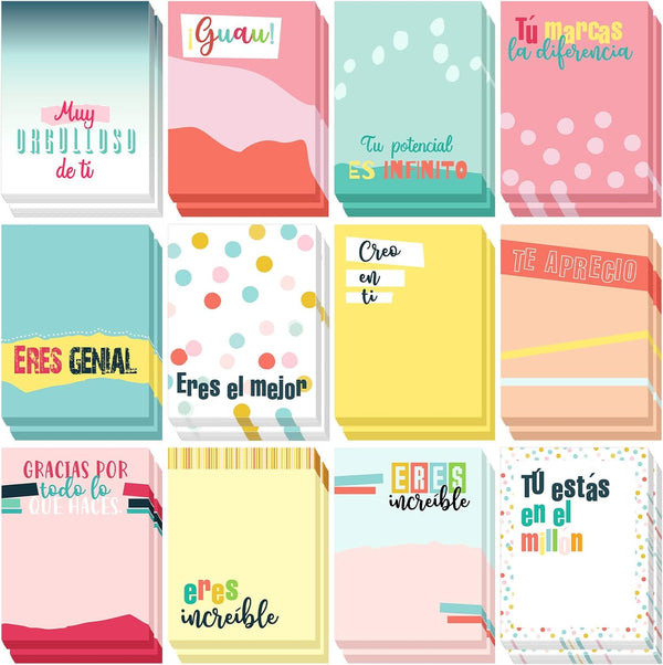 Teling 24 Pcs Rainbow Inspirational Sticky Notes 3 x 4 Inch Spanish Motivational Memo Pads for Nurse Teacher Gifts