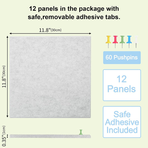 Large Felt Wall Tiles Cork Board, 47"x35", 12 Pack with 48 Adhesive Tabs, 60 Push Pins, Light Grey Alternative for Home