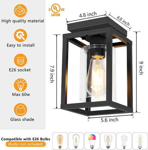 E26 Baocuz Semi Flush Mount Ceiling Light Fixture, Black Metal Frame Porch Ceiling Light Fixture with Clear Glass Shade