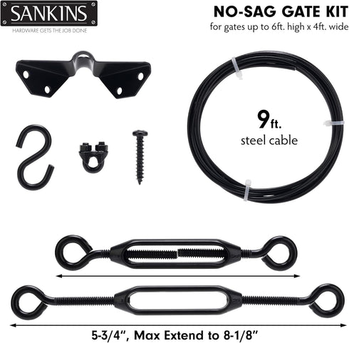 SANKINS Black Anti-Sag Gate Kits for Wooden Fence, Gate Support Cable Kit Hardware, 1 Pack Outdoor Repair Kit