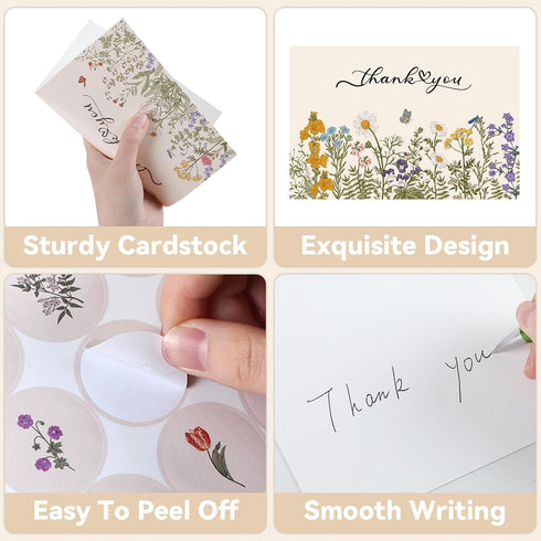 52 Pack Set Summer 4x6inch Thank You Cards With Envelopes Wildflower Thank You Cards Bulk Assortment Greeting Gift
