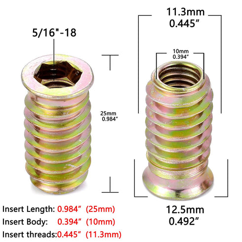100 Pcs Wood Bolt Inserts 5/16" - 18x25mm Metal Screw and Bolt Set, Hex Socket Drive Nut Inserts for Woodworking