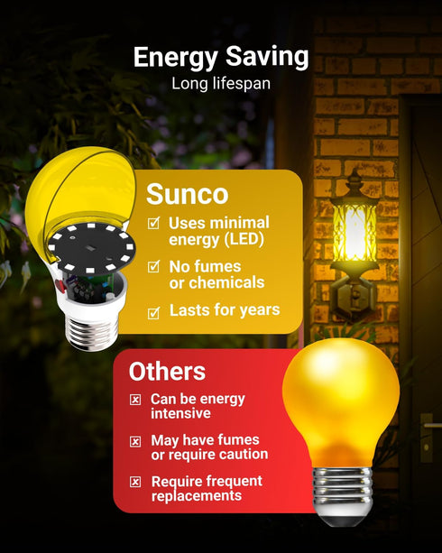 Sunco Lighting 4 Pack LED Bug Light Bulbs, 9W Auto On/Off, 2000K Amber Glow, E26 Base for Outdoor Use