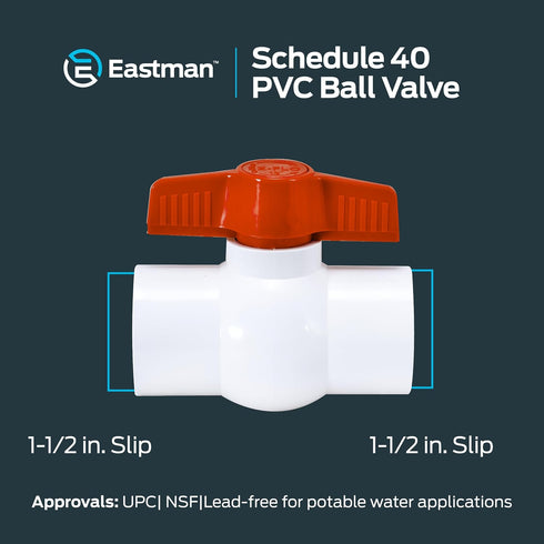 1-1/2 Inch 40 20119 Eastman Slip Schedule PVC Quarter Turn Ball Valve, Brass Plumbing Fitting