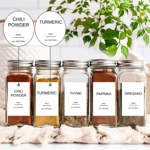 GPOVVIMX 191 Spice Jar Labels Preprinted Minimalist Stickers - White Waterproof Label - Fit Round or Rectangle Spice