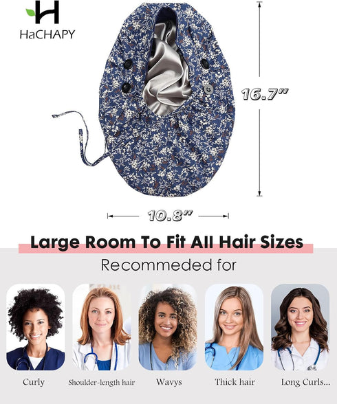 4 Satin Lined Scrub Cap for Women Extra Large Long Hair Surgical Nurse Cap Buttons
