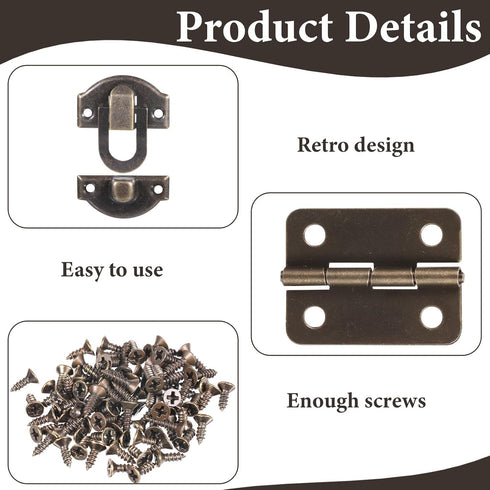 Apojgitn Antique Bronze Hinges & Latches Kit for Wooden Box, Retro Zinc Alloy Hardware for Jewelry Box, Decorative