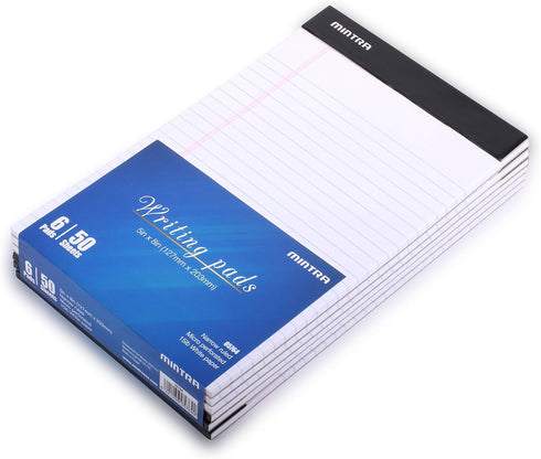 Mintra Office Legal Pads - BASIC WHITE 6pk, 5in x 8in, NARROW RULED, 50 Sheets per Notepad