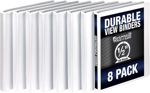 Samsill Durable .5 Inch Binder, Made in the USA, Round Ring Customizable Clear View Binder, White, 8 Pack