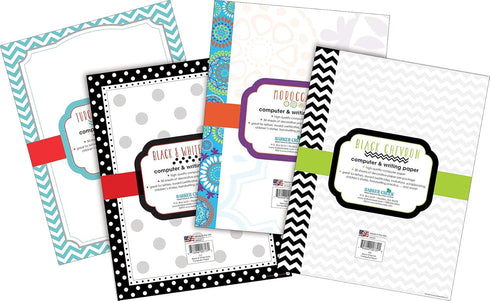 Barker Creek Designer Computer Paper Set, 200 Sheets, 8.5” by 11”, Chevron and Dots, 50 Each of 4 Designs