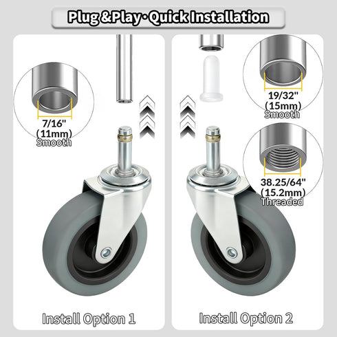 4 Inches Wheels,7/16-Inch 4 Pack Stem Caster Stem Diameter Swivel Rubber Casters,Heavy Duty TPR Replacement Wheels