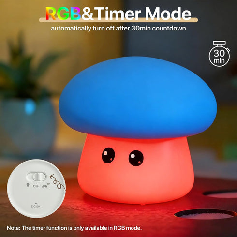3 Dimmable Cute Blue Mushroom Night Light for Kids Rechargeable, Battery Operated Nightlight Level with RGB&Timer