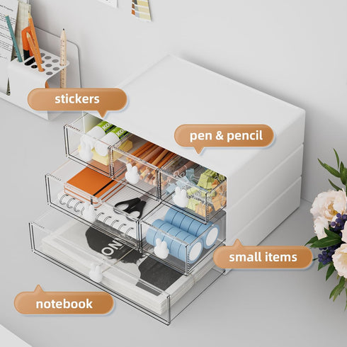 Marbrasse Desk Organizer with 6 Drawers, 3 Tier Stackable Plastic Makeup Storage for Office, School, Home