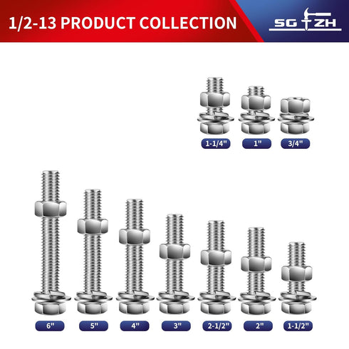 1/2-13 x 2-1/2" Hex Head Screw Bolt, Nuts, Flat & Lock Washers, 10Pcs 18-8 Stainless Steel Fully Threaded