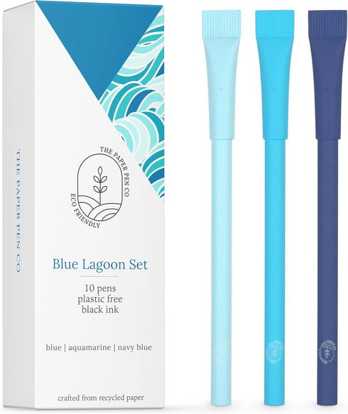 Eco-friendly Pen Crafted from 100% Recycled Paper, Plastic-Free, Black Ink, Pack of 10, Blue Lagoon Set