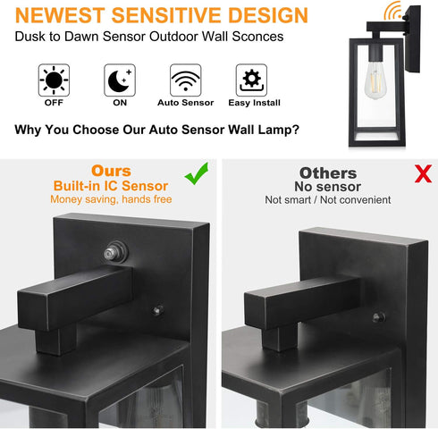 E26 SHINE HAI Dusk to Dawn Sensor Outdoor Wall Sconce, Exterior Porch Lantern Fixture with Socket & Glass Shade