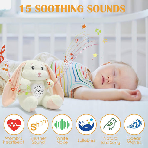 Baby Sleep Soother Bedtime Bunny Toy with Cry Sensor, Moms Heartbeat Lullabies White Noise, Starlight Projector