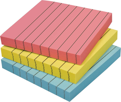 Better Office Products Lined Sticky Notes, 3 x 3, 3 Pack, 300 Sheets (100/Pad) in Assorted Pastel Colors with Strong
