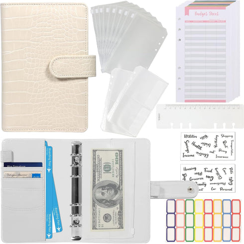 Budget Binder with Zipper Envelopes - Crocodile Pattern Leather Money Organizer, A6 Bill Binders with Pockets, Beige