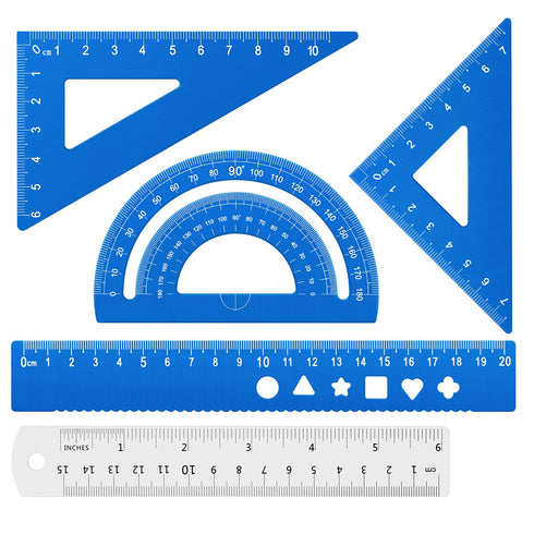 Triangular Ruler Set, 4+1 Pieces Aluminum Alloy Ruler, Metal Drafting Ruler for Student School Office Supplies (Sky