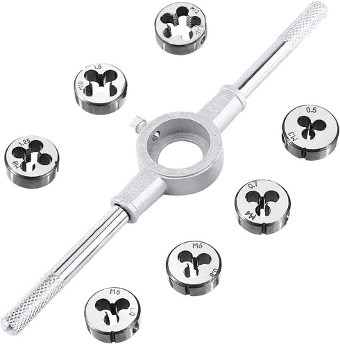 JONMON 8 Pcs Metric Die Set, Screw Die & Adjustable Wrench Holder with M3-M12 Dies for Home DIY, Garage