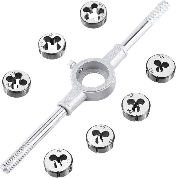 JONMON 8 Pcs Metric Die Set, Screw Die & Adjustable Wrench Holder with M3-M12 Dies for Home DIY, Garage