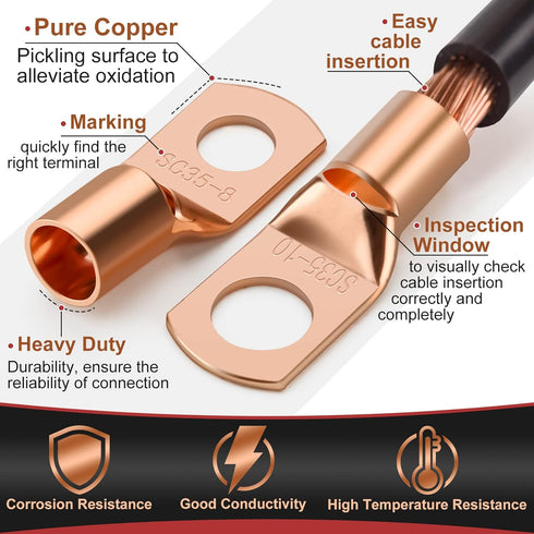 200pcs Battery Cable Ends, Copper Wire Lugs AWG 2 4 6 8 10 Gauge - 100Pcs Battery Cable Lugs Ring Terminal Connectors with 100Pcs Heat Shrink Assortment Kit for Marine Automotive Electrical Supplies by cyrico