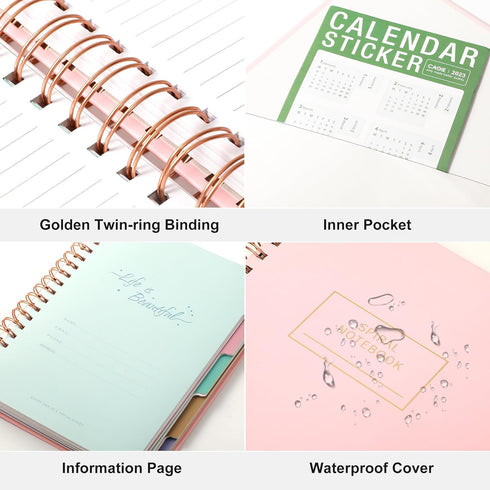 Hardcover Spiral Notebook with Tabs 7"x10" Large Spiral Lined Journals for Women with Dividers 240 Pages College Ruled Composition Notebook 5 Subject Notebook for Work, Back to School, Gifts, Pink by Yoment