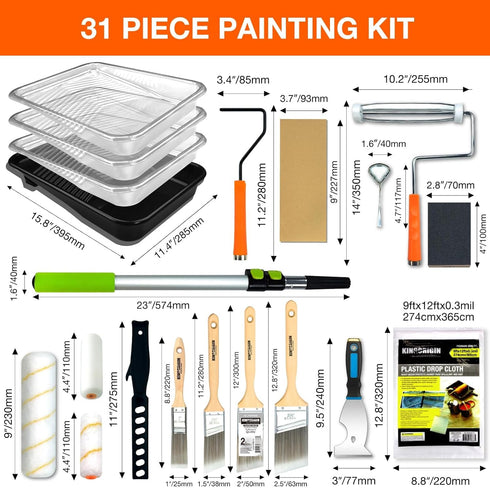 31 9" 4" King Origin Pcs Paint Roller Kit, & Paint Roller Extension Pole, Paint Brushes, Paint Tray & Liners | Paint