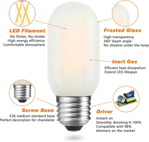 T45 Frosted LED Light Bulb, 40 Watt Equivalent, 2700K Warm White, 4W Tubular T14 E26 Dimmable Bulbs for Ceiling