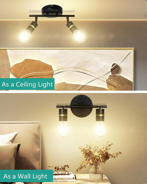 2-Light E26 Bulbs HiBay Track Lighting, Rotatable Ceiling or Wall Light Fixture, Modern Black Gold LED Spotlight Indoor