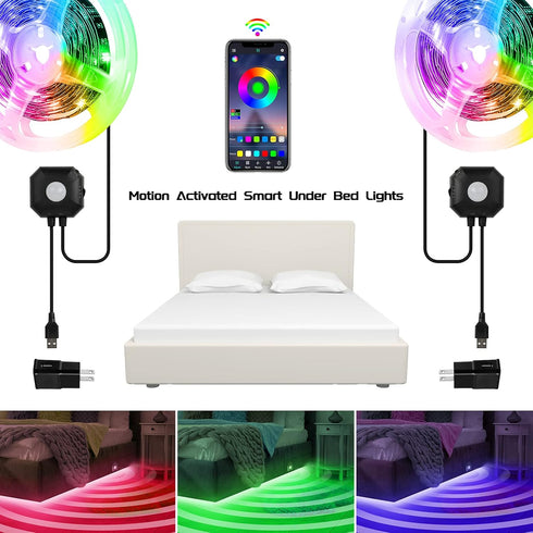 2 Set*9.84ft Color/Dimmable/Dynamic Sync/5V Under Bed Lights Motion Activated RGB LED Strip Light, App Control/Variety