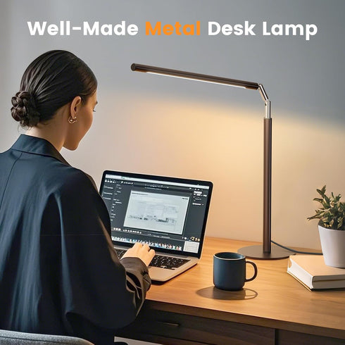 16" 15W, 1200LM, Dimmable Brown LED Desk Lamp - Foldable Metal Desk Light with Base, Color Changing Table Lamp