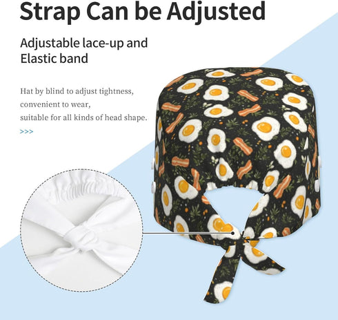 Nurse Scrub Cap Men Women with Buttons - Egg Bacon Leaves Print Soft Comfy Surgical Cap, Adjustable Tie Back Scrub