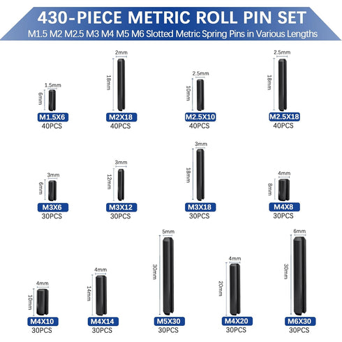 430 Pcs Slotted Metric Spring Pin Set, Steel Split Expansion Pin M1.5 M2 M2.5 M3 M4 M5 M6 for Home Improvement