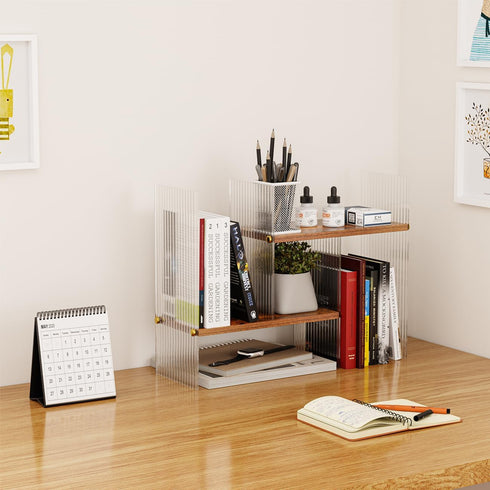 BYCY Double H Display Bookshelf Desktop Organizer Office Storage Rack Desk Expandable Wood Display Shelf with Acrylic