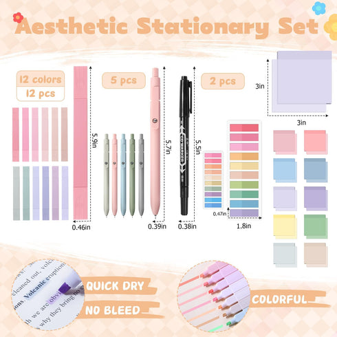KOUDGY 49Pcs Book Annotation Kit - Aesthetic School Supplies with Cute Pen Case Highlighters Gel Pens and Marker