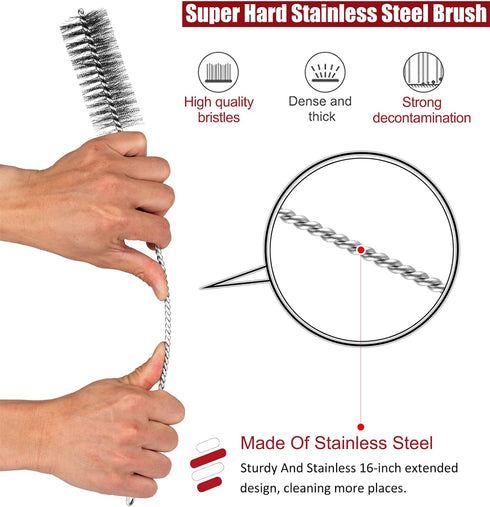 16 Inch Extra Long Pipe Cleaning Brush Set, Stainless Steel Bristles, 8 Piece Variety Pack for Auto Parts, Bottles,