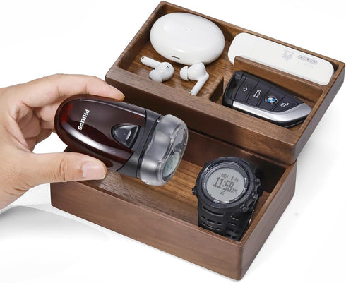 Walnut Wooden Valet Tray Box, Daily Supplies Organizer for Office Desk Storage