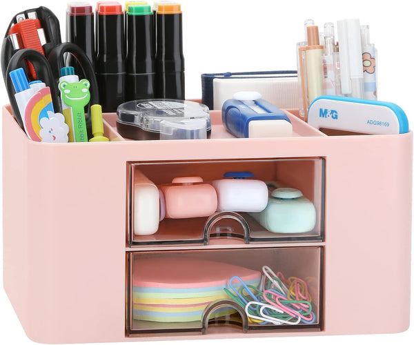 LETURE Desk Organizer with 2 Drawers, Plastic Pen Pencil Card Holder for Office Supplies, Home School (Pink)